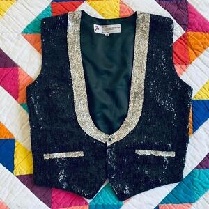 Vintage Black and Silver Sequin Tuxedo‎ Vest